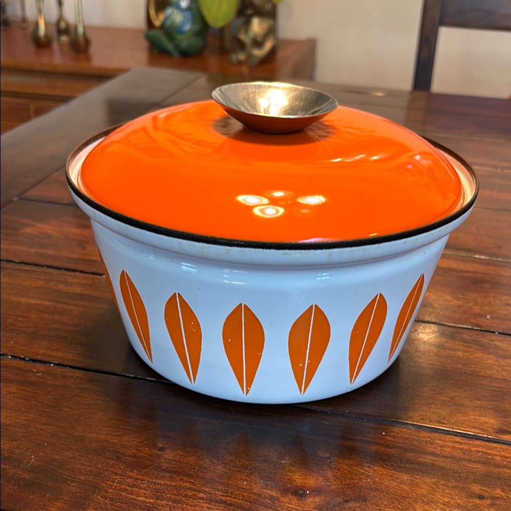 Catherine Holm Norway Vintage Orange and White Enamel ‘Lotus’ Casserole Dish pot